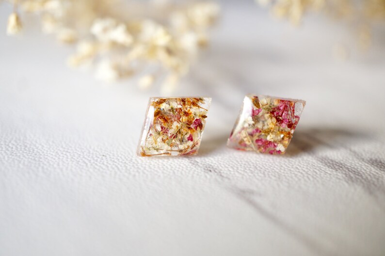 Real Pressed Flowers and Resin Diamond Stud Earrings in Orange Rose White image 3