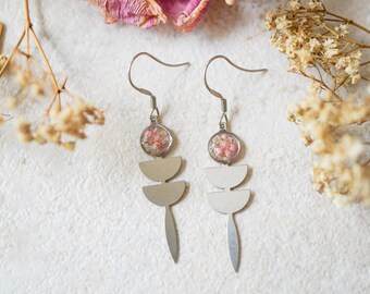 Real Pressed Flowers Earrings, Gold Drops in Green Pink Orange