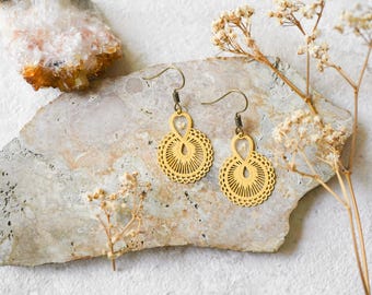 Real Pressed Flowers Earrings, Gold Drops in Green Pink Orange