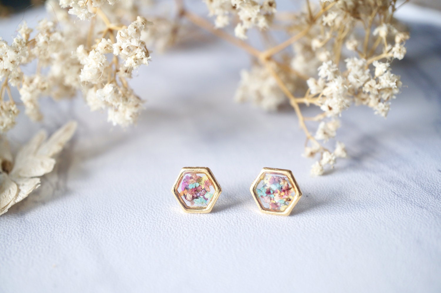 Real Pressed Flowers and Resin Hexagon Gold Stud Earrings in Pastel Mix - Thumbnail 2