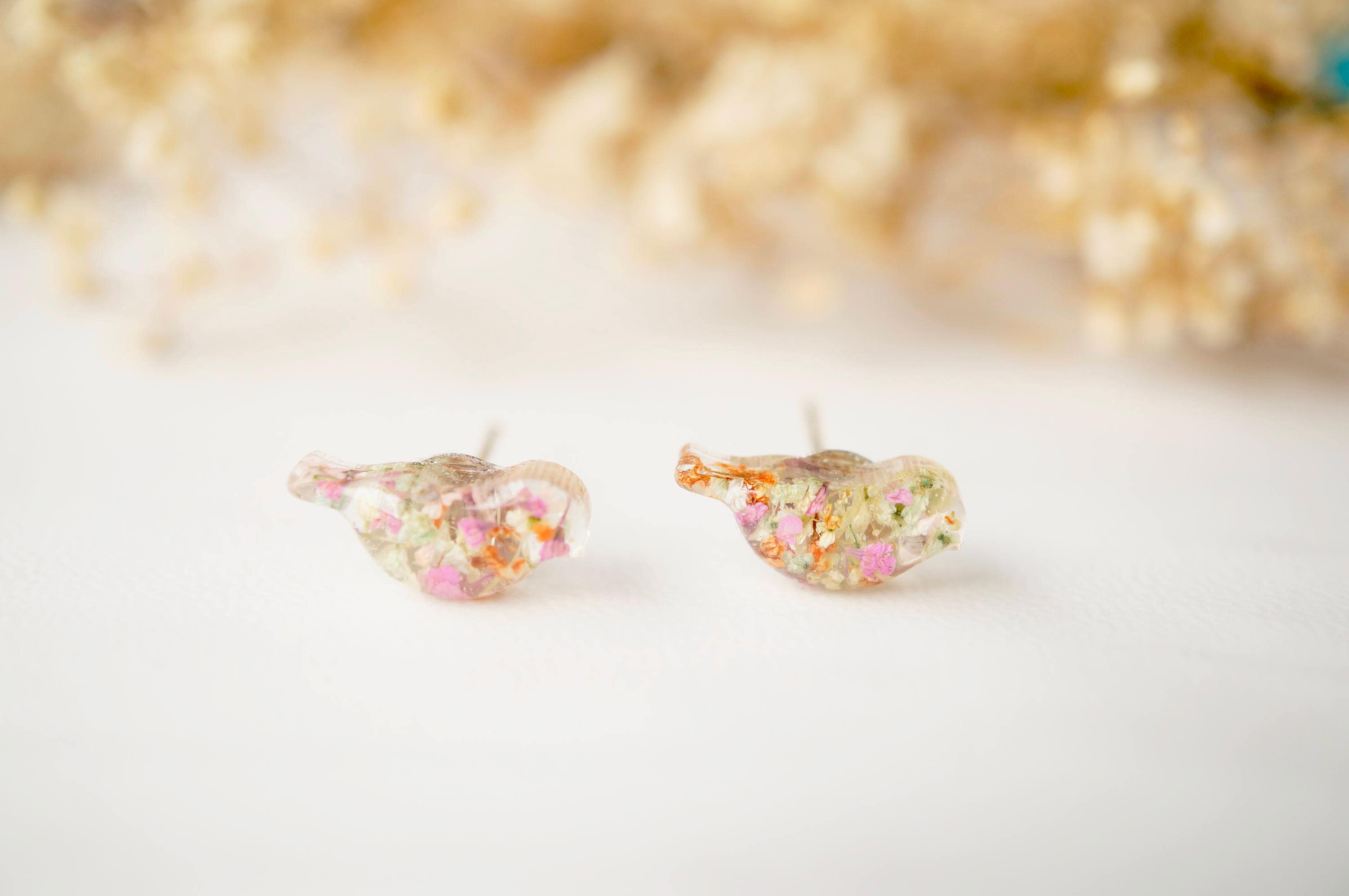 Real Pressed Flowers and Resin Bird Stud Earrings in Pink White Orange Green
