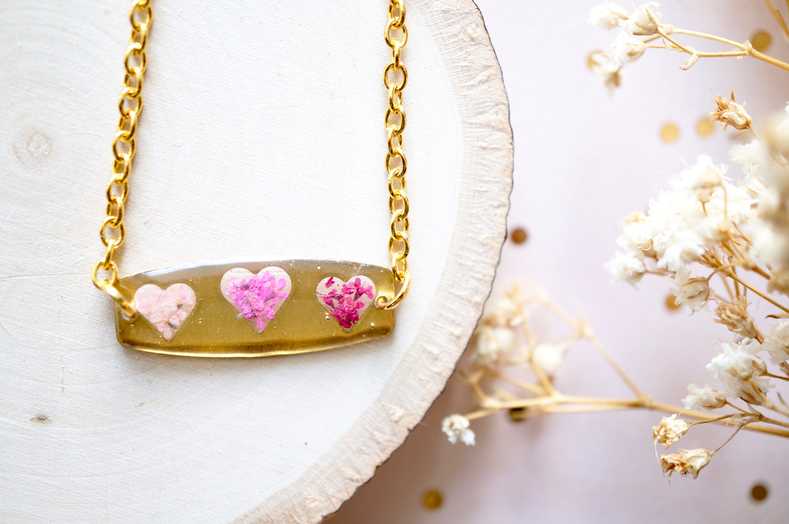 Real Flowers and Resin Necklace, Brass Hearts in Pinks, Mother's Day Gift