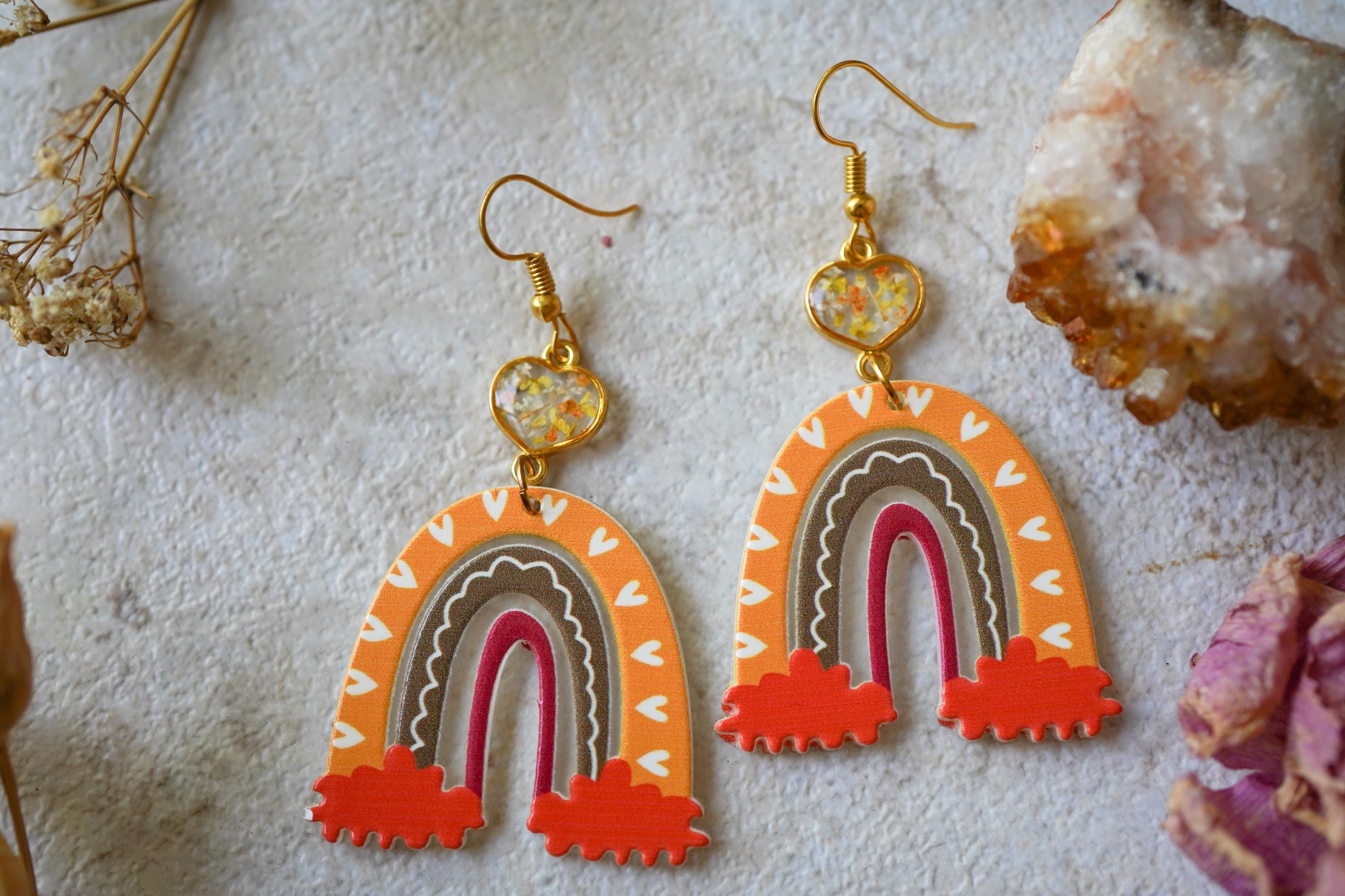 Real Pressed Flowers Earrings, Rainbow Drop Earrings with Real Dried Flowers, Orange and Yellows - Thumbnail 6