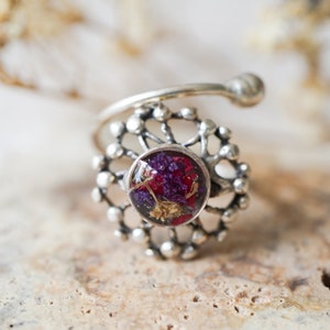 Bague en résine et fleurs véritables pressées, bague en argent avec fleurs mélangées