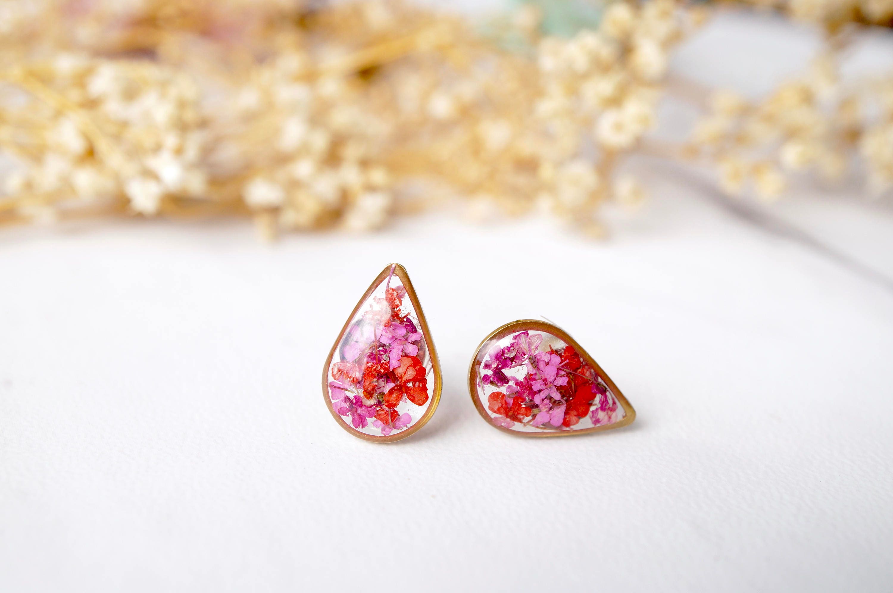 Real Pressed Flowers and Resin Stud Earrings, Gold Teardrop in Red Pink Mix