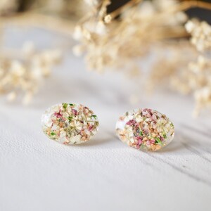 Real Pressed Flowers and Resin Oval Stud Earrings in Orange Rose White Green image 4