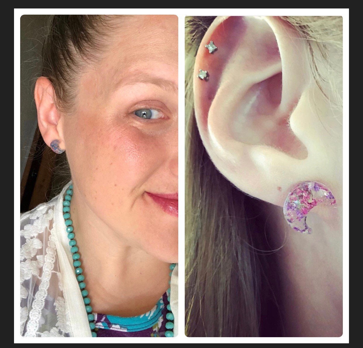 Real Pressed Flowers and Celestial Resin Moon Stud Earrings in Purple Blue Teal Mint - Thumbnail 6