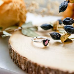 Real Pressed Flower and Resin Ring, Black and Silver Heart with Pink Fern image 2