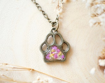 Real Pressed Flowers in Resin Necklace, Dog Paw in Pink Yellow White