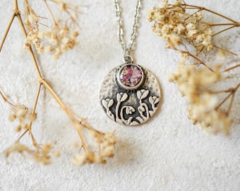 Real Pressed Flowers in Resin, Silver Necklace with Heather Flowers