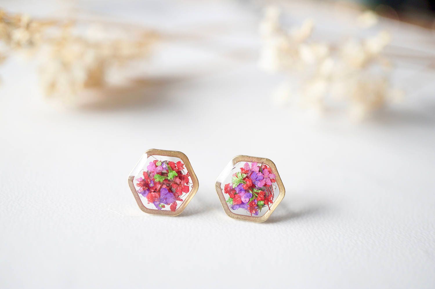 Real Pressed Flowers and Resin Stud Earrings, Gold Hexagon in Neon Mix - Thumbnail 5