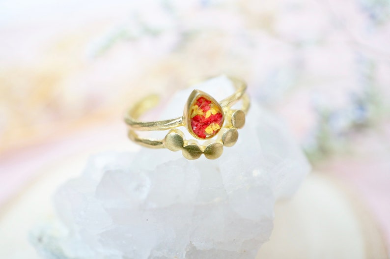 Real Pressed Flower and Resin Ring, Gold Teardrop in Red and Yellow image 3