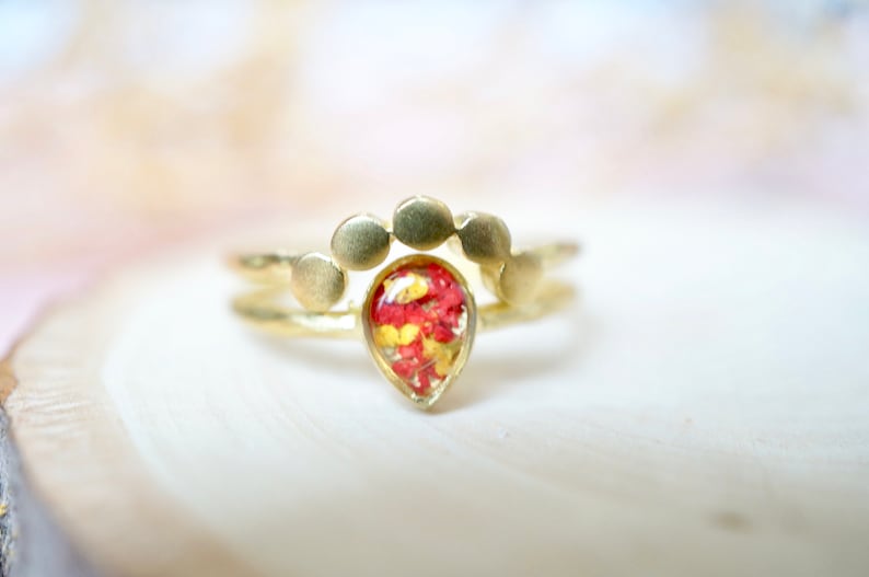 Real Pressed Flower and Resin Ring, Gold Teardrop in Red and Yellow image 6