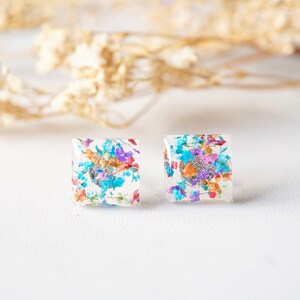 Real Pressed Flowers and Resin Square Stud Earrings in Party Mix image 4