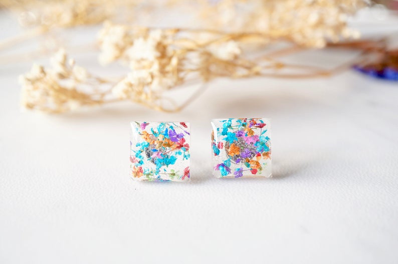 Real Pressed Flowers and Resin Square Stud Earrings in Party Mix image 4