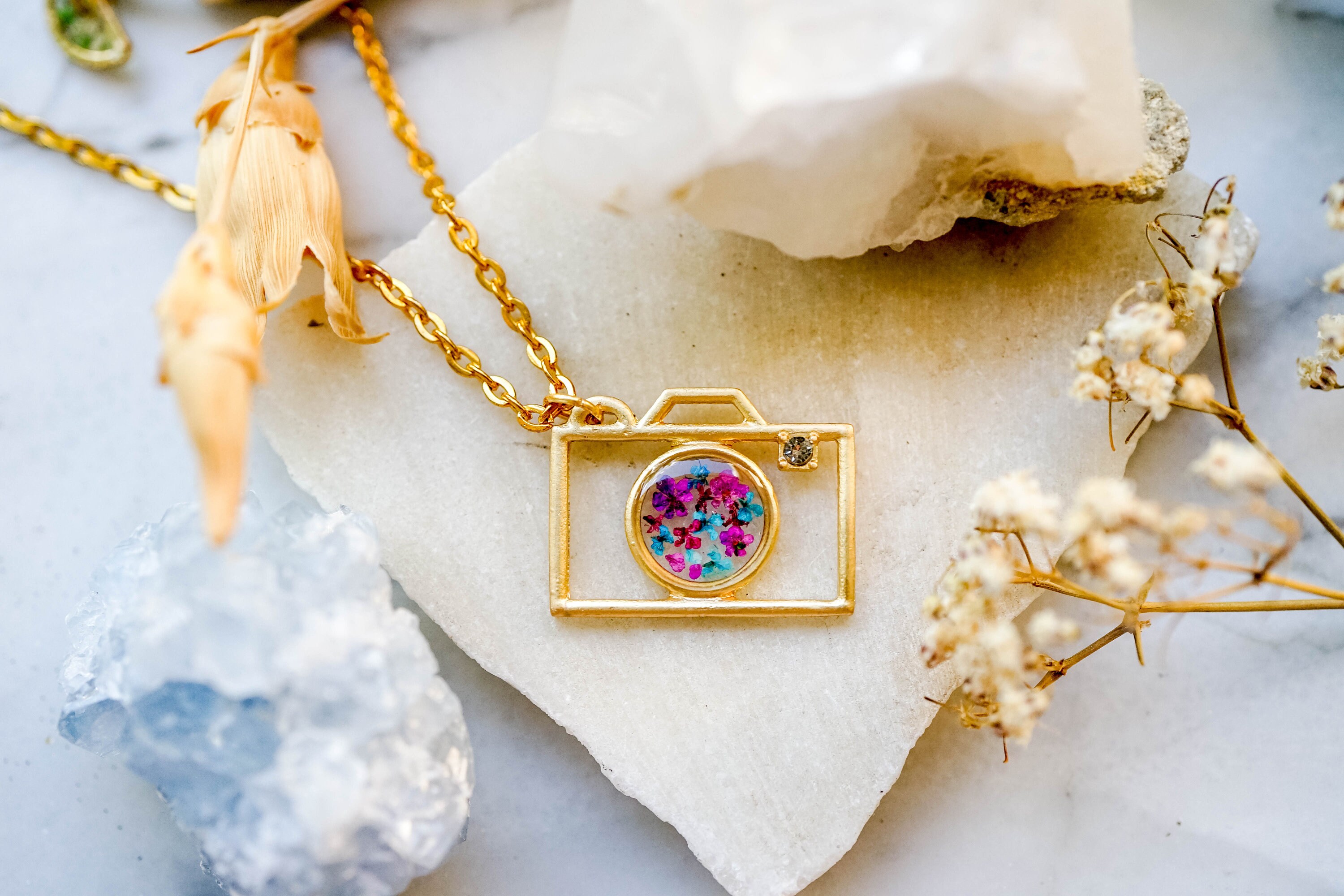 Real Pressed Flowers in Resin, Gold Camera Necklace with Purple Pink Teal Flowers - Thumbnail 3