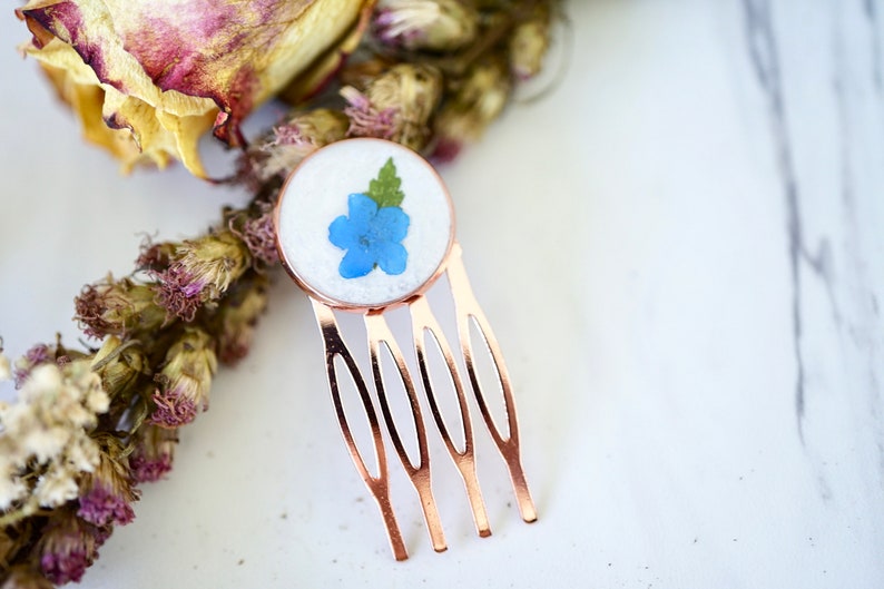 Real Pressed Flowers in Resin, Rose Gold Hair Pink with Forget Me Not image 3