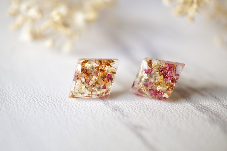 Real Pressed Flowers and Resin Diamond Stud Earrings in Orange Rose White image 1