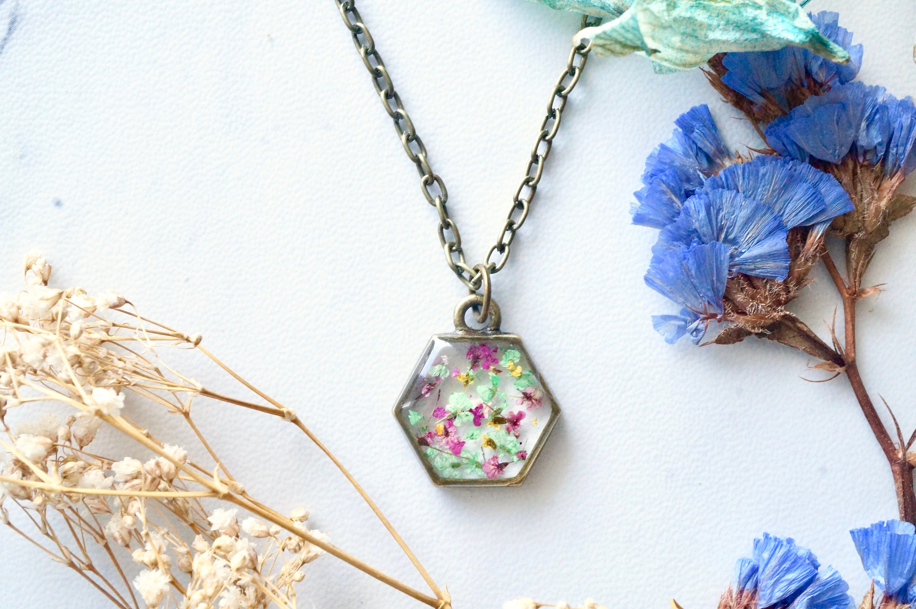 Real Pressed Flowers in Resin Necklace, Hexagon in Magenta, Green, and Yellow - Thumbnail 4