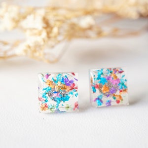 Real Pressed Flowers and Resin Square Stud Earrings in Party Mix image 2