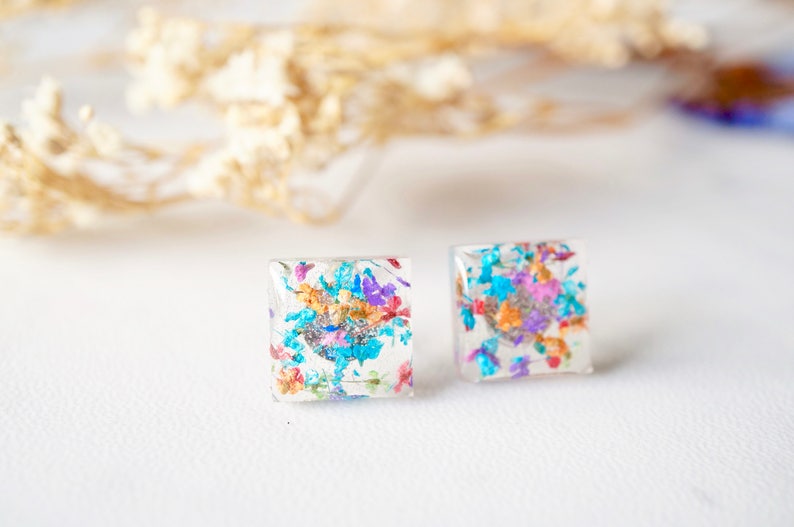 Real Pressed Flowers and Resin Square Stud Earrings in Party Mix image 2