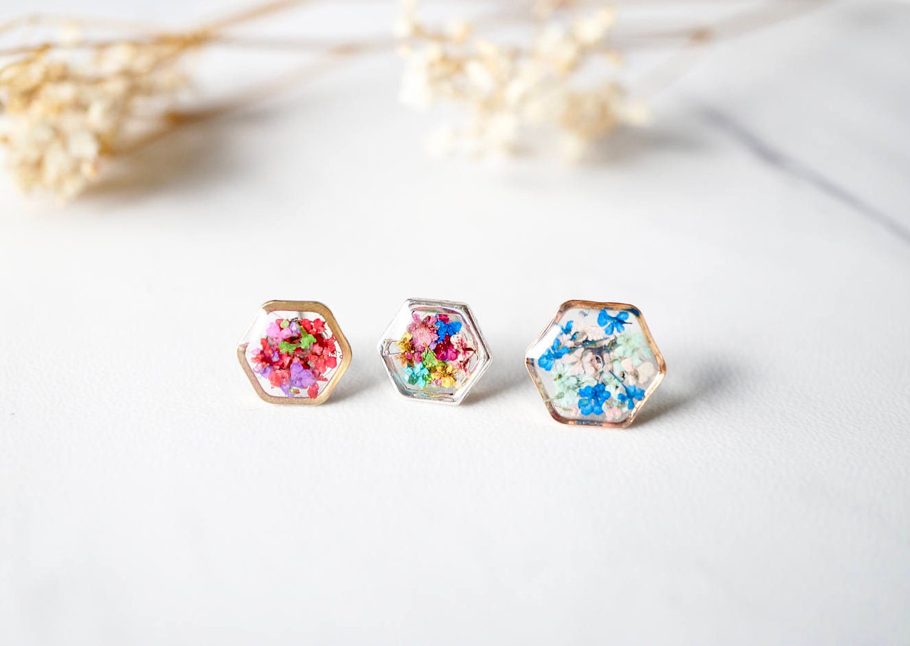 Real Pressed Flowers and Resin Stud Earrings, Gold Hexagon in Neon Mix - Thumbnail 3