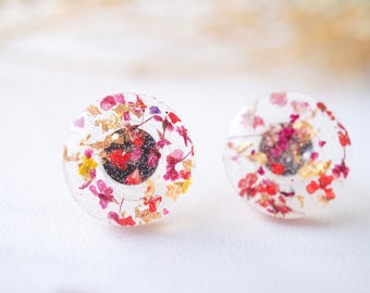 Real Pressed Flowers and Resin Circle Stud Earrings in Red Pink and Gold Flakes