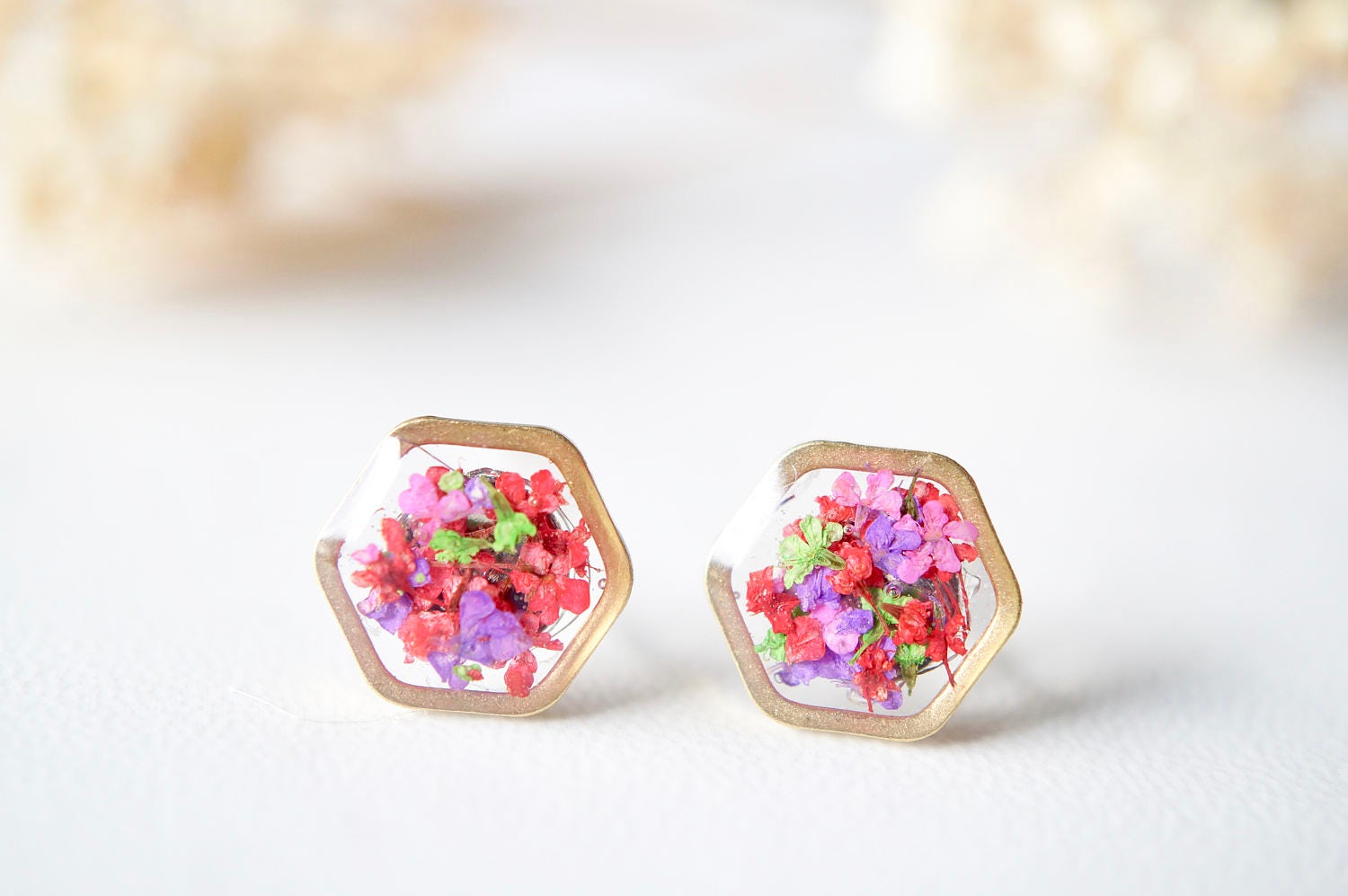 Real Pressed Flowers and Resin Stud Earrings, Gold Hexagon in Neon Mix