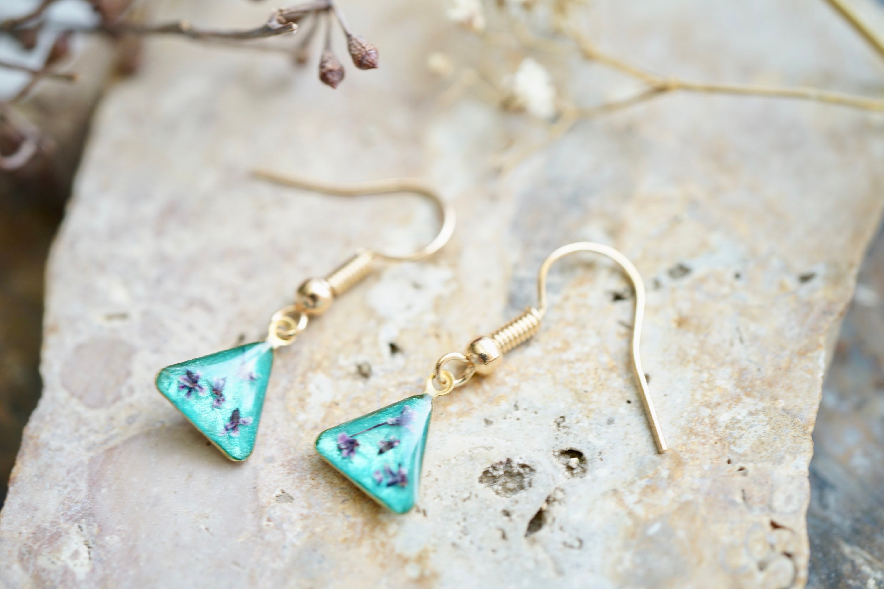 Real Pressed Flowers Earrings, Gold Drops in Purples – ann + joy
