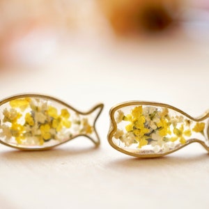 Real Pressed Flowers and Resin, Fish Stud Earrings in Yellow and White image 6