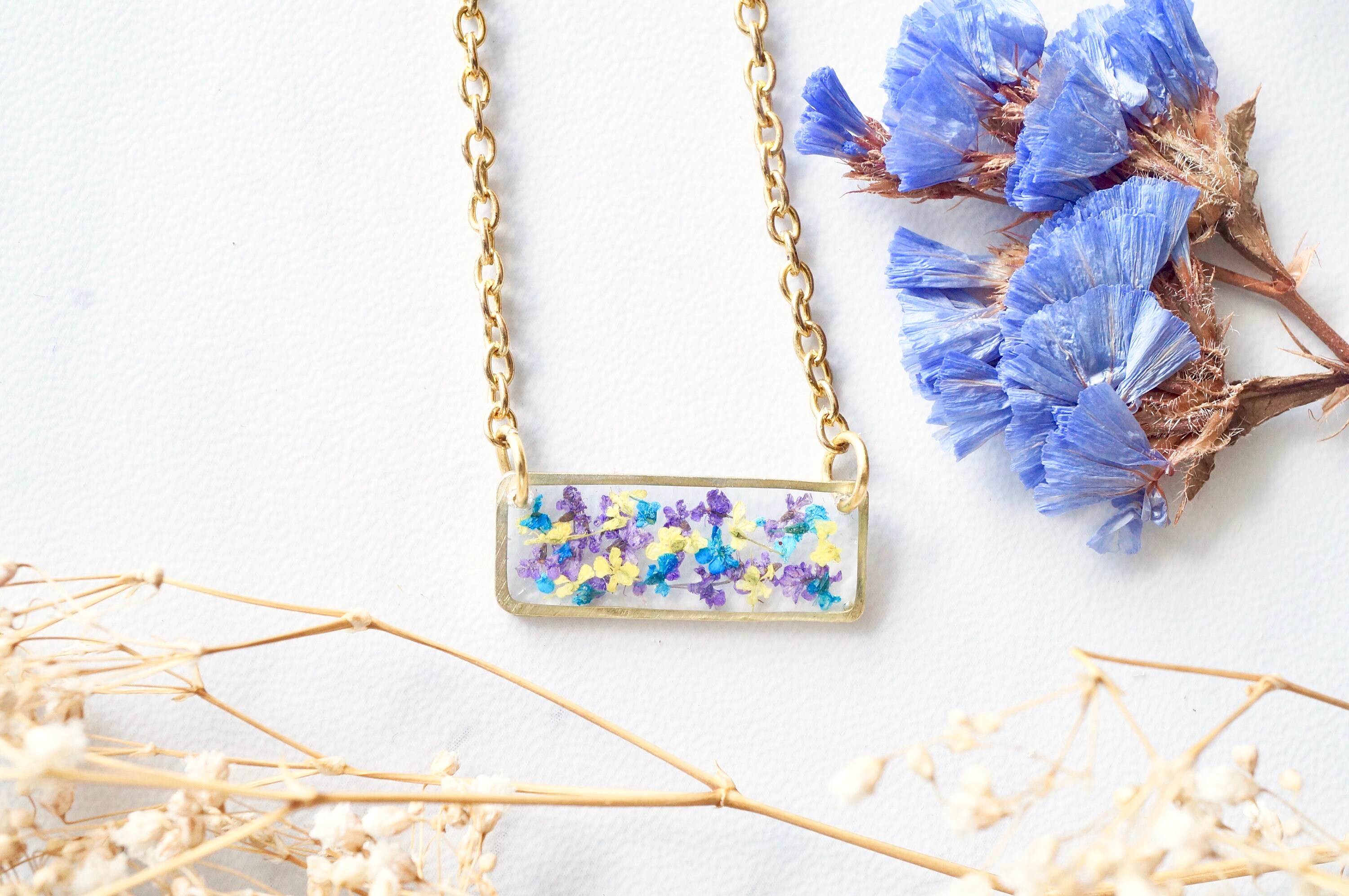 Real Pressed Flowers and Resin Necklace, Gold Bar in Purple Yellow Blue - Thumbnail 4