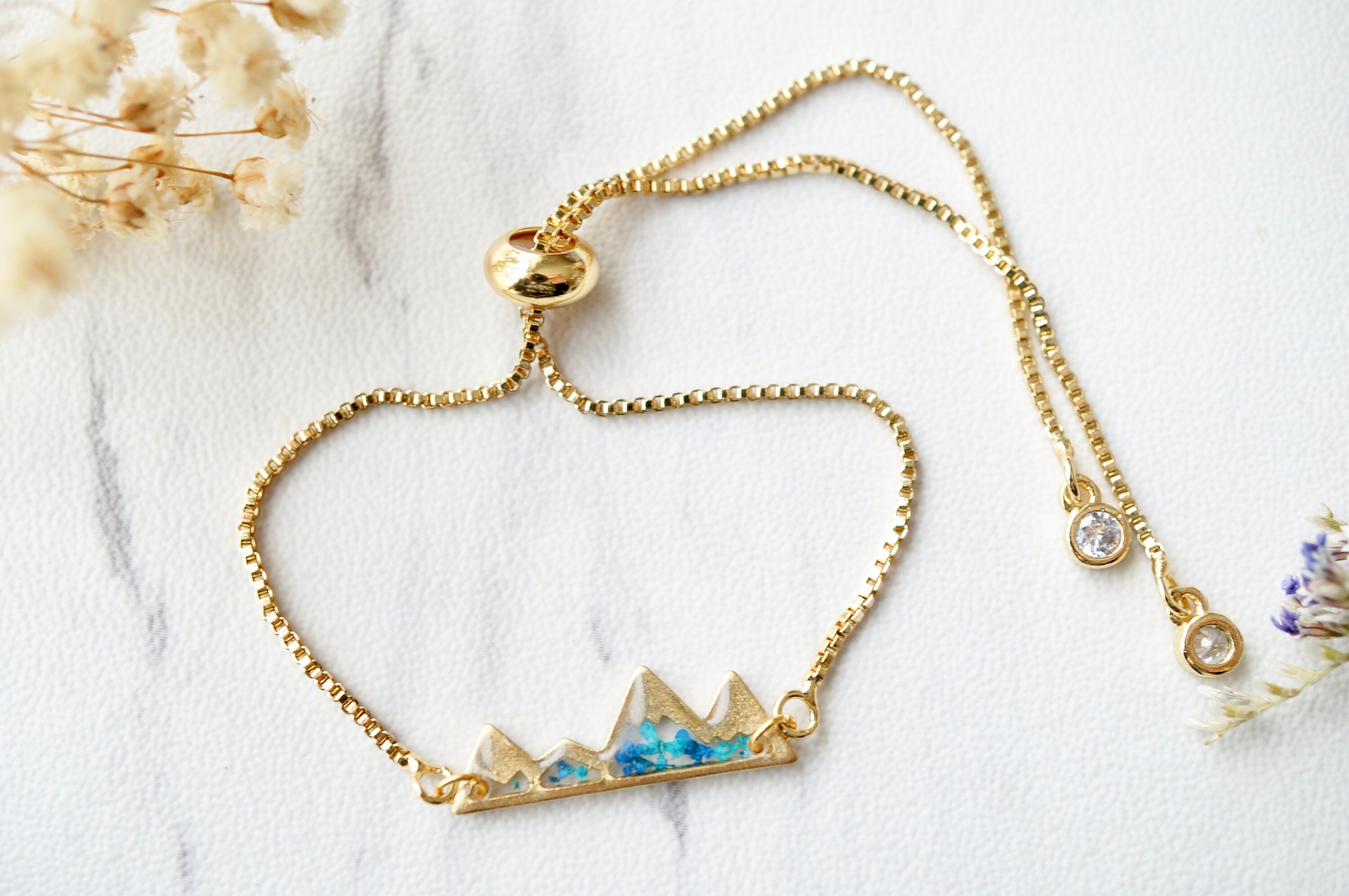 Real Pressed Flowers and Resin Adjustable Bracelet, Gold Mountains in Blue and Teal - Thumbnail 3