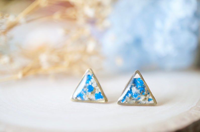 Real Pressed Flowers and Resin Triangle Stud Earrings in White and Cobalt Blue image 7