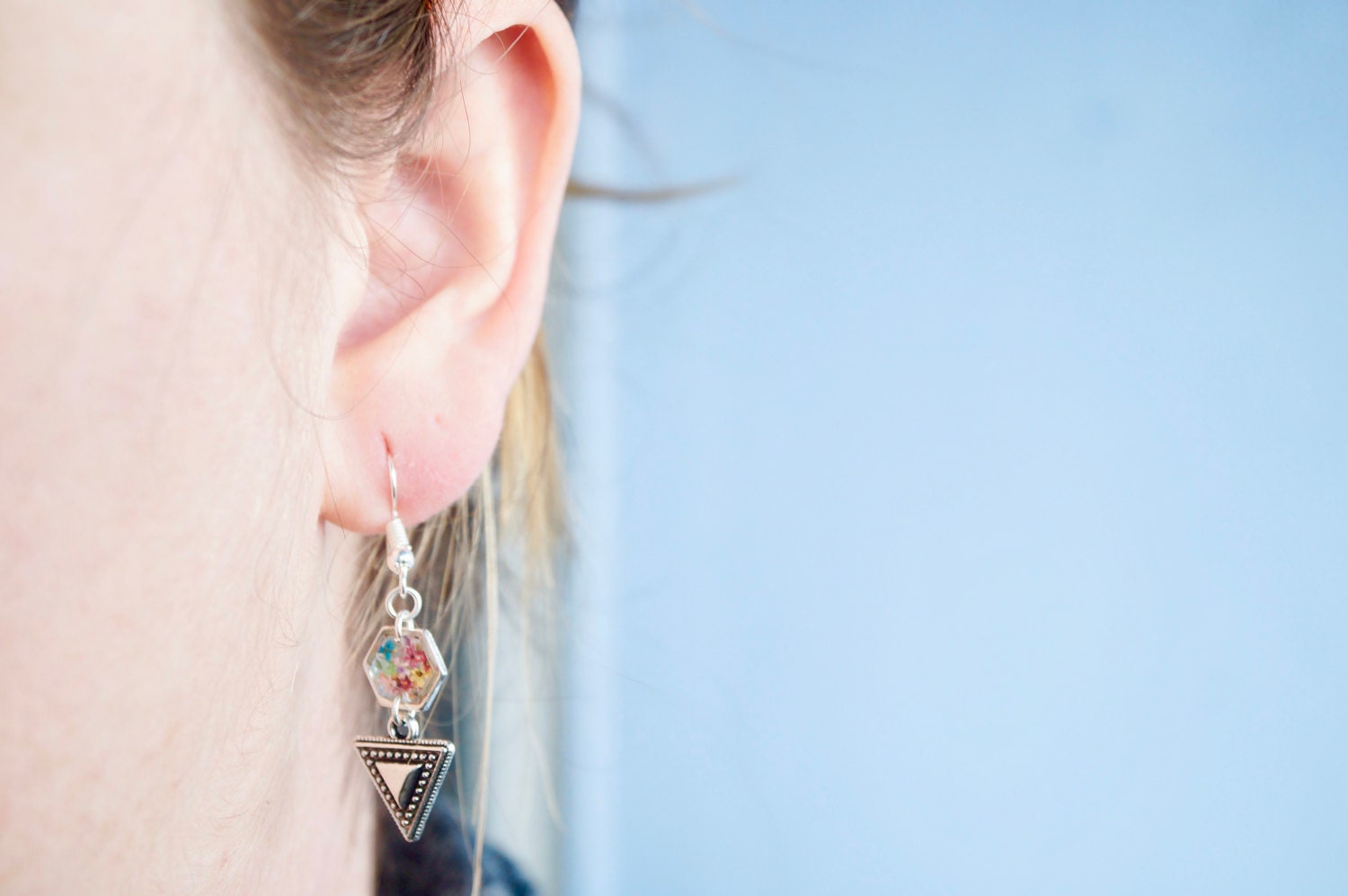 Real Pressed Flowers and Resin Earrings in Silver and Party Mix with Tribal Boho Arrowhead - Thumbnail 5