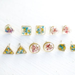 Real Pressed Flowers and Resin Triangle Stud Earrings in Pink, Orange, Green image 3