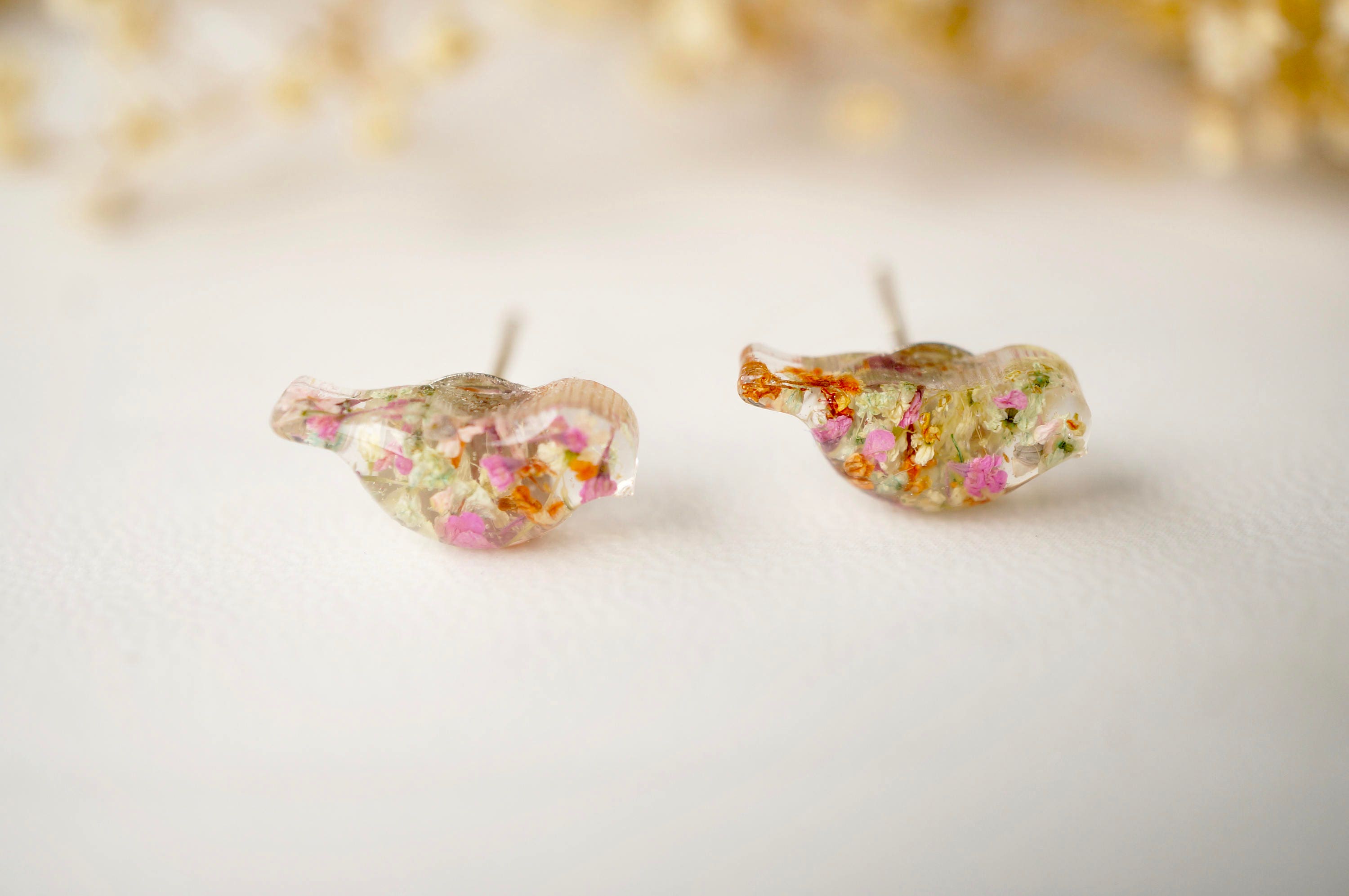 Real Pressed Flowers and Resin Bird Stud Earrings in Pink White Orange Green - Thumbnail 6
