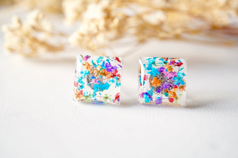 Real Pressed Flowers and Resin Square Stud Earrings in Party Mix image 1