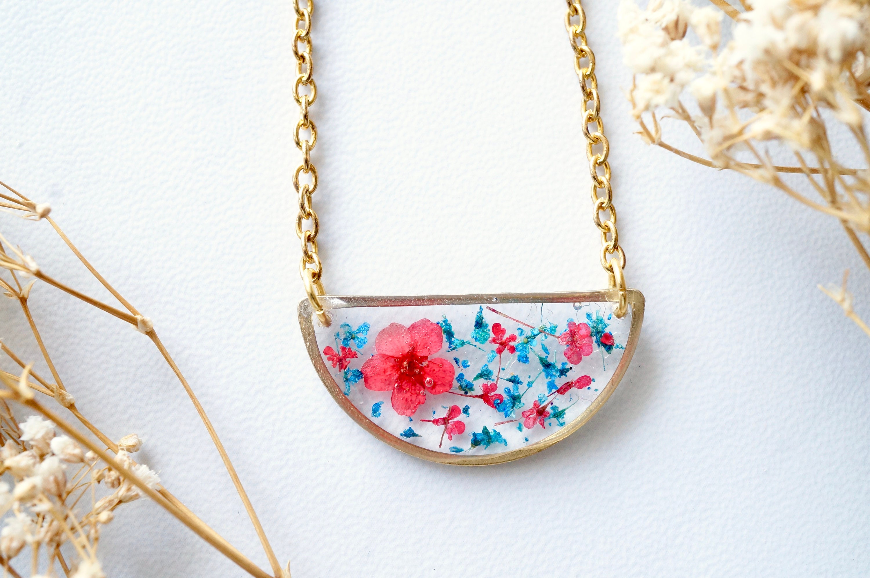 Real Pressed Flowers in Resin Necklace, Half Circle in Blue and Red - Thumbnail 3