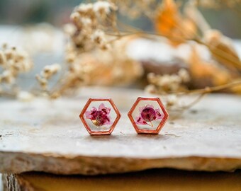 Real Pressed Flowers and Resin Stud Earrings, Rose Gold Hexagons with Heather Flowers