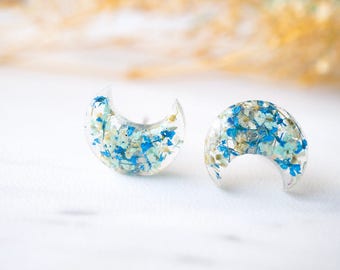 Real Pressed Flowers and Resin Moon Stud Earrings in Mint Blue White