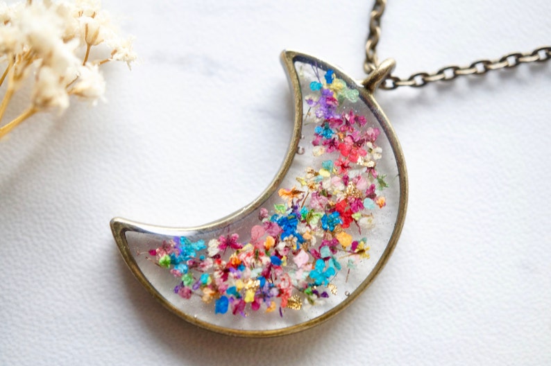 Real Pressed Flowers and Resin Moon Necklace in Party Mix image 5