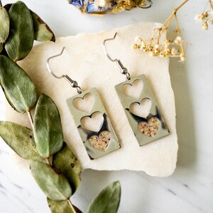 Real Pressed Flowers Earrings, Silver Hearts Drop Earrings