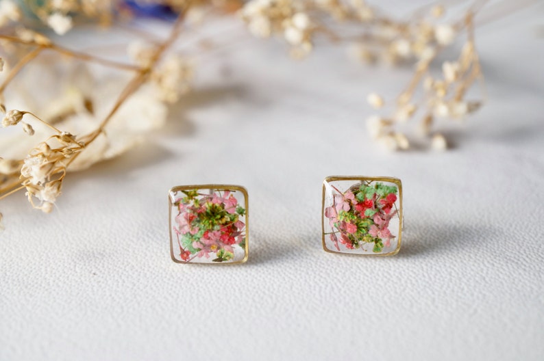 Real Pressed Flowers and Resin Stud Earrings in Pink Green Mix image 1