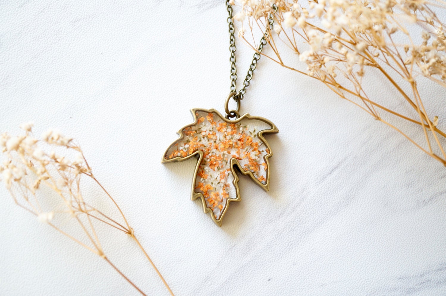 Real Pressed Flower and Resin Necklace Maple Leaf, Fall Florals, Fall Finds - Thumbnail 3