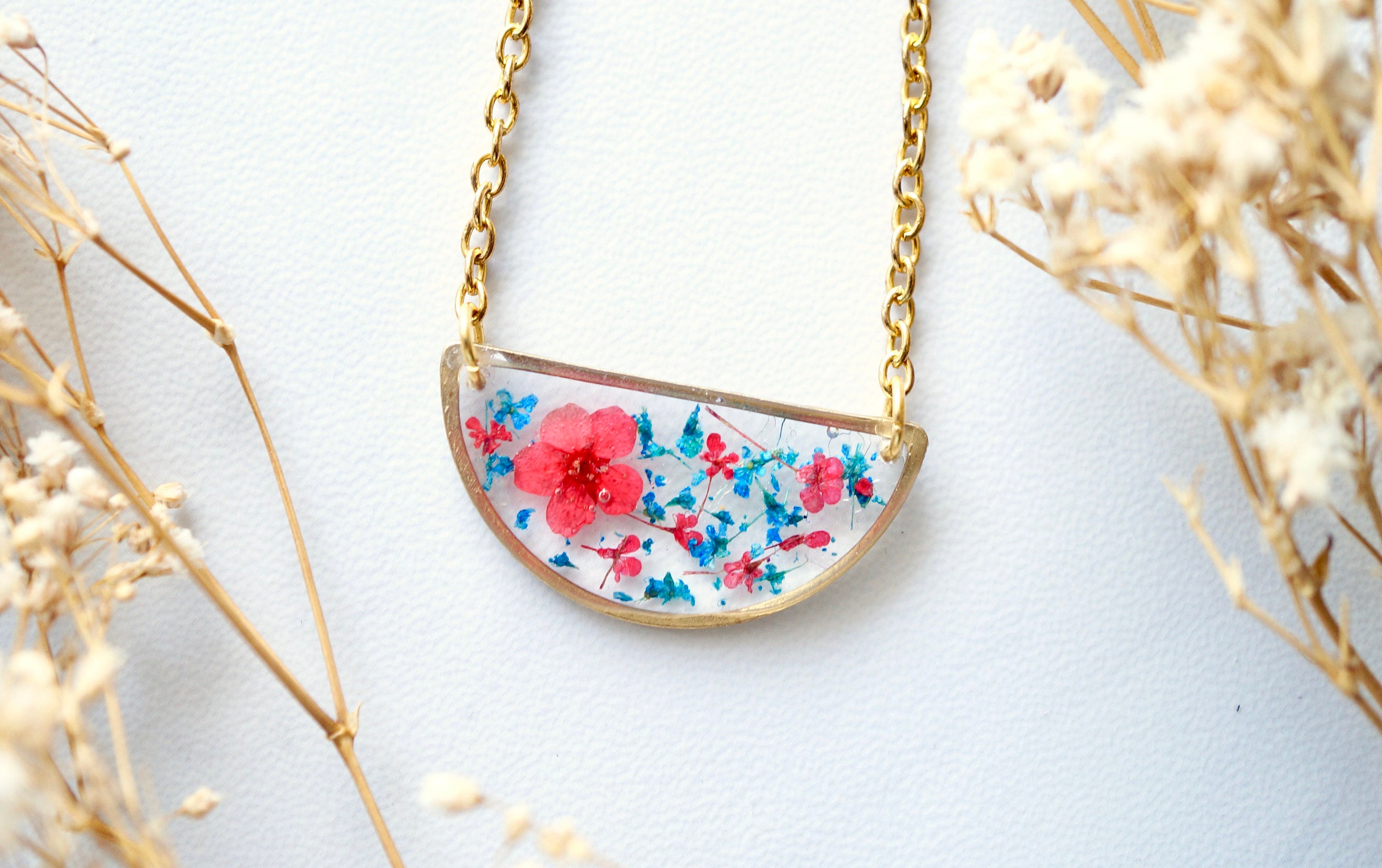 Real Pressed Flowers in Resin Necklace, Half Circle in Blue and Red - Thumbnail 2