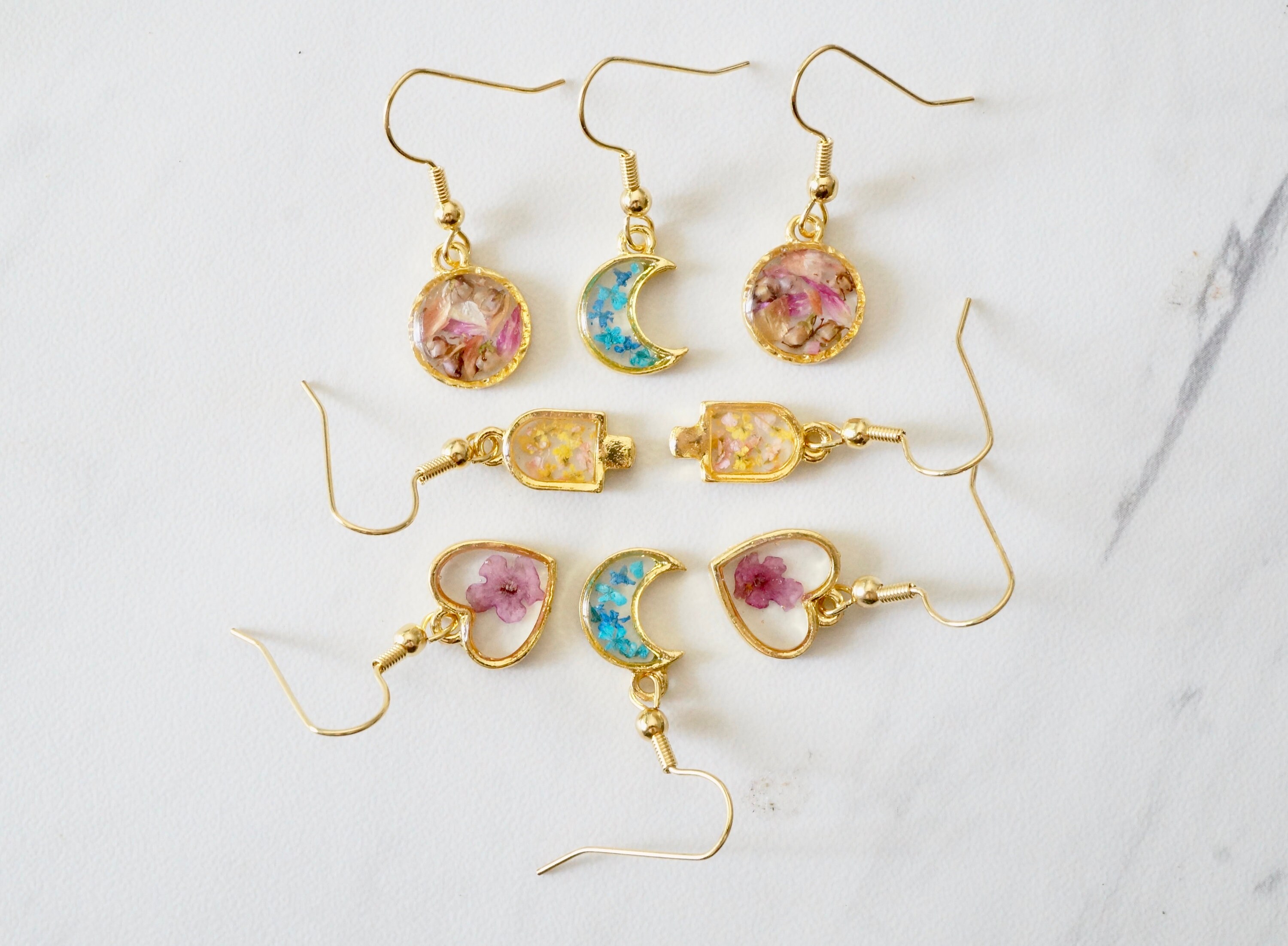 Real Pressed Flowers and Resin Drop Earrings, Gold Moons in Teal and Blue - Thumbnail 6