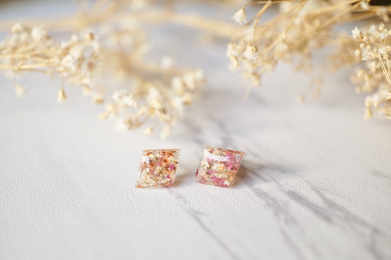 Real Pressed Flowers and Resin Diamond Stud Earrings in Orange Rose White image 4