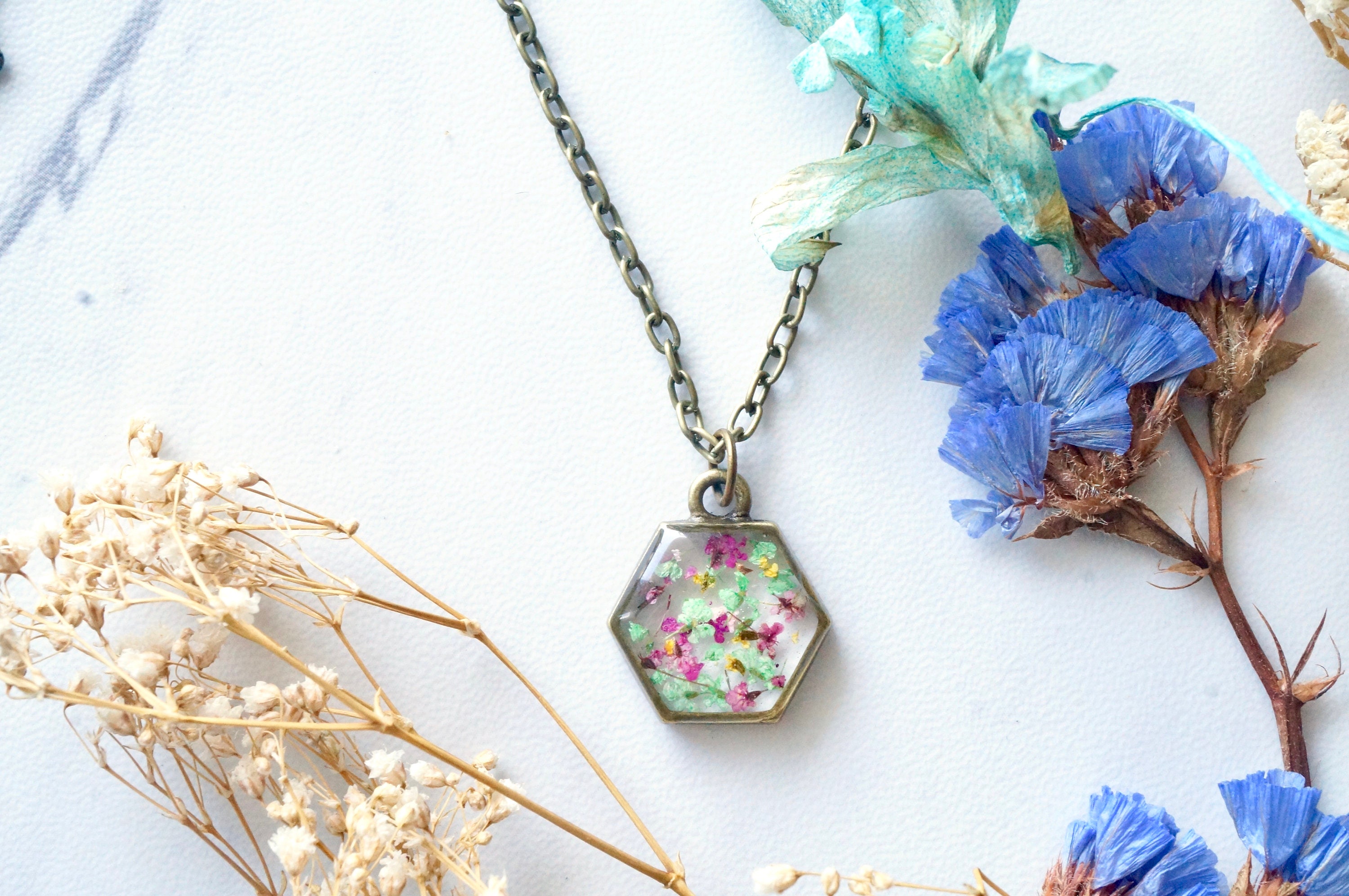 Real Pressed Flowers in Resin Necklace, Hexagon in Magenta, Green, and Yellow - Thumbnail 2