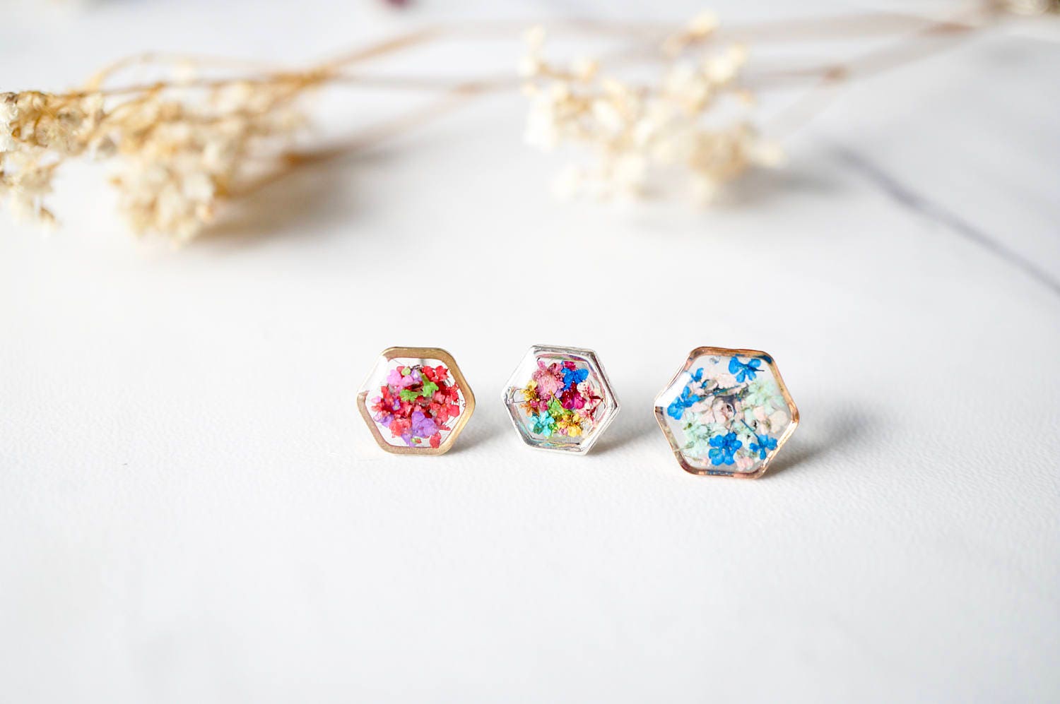 Real Pressed Flowers and Resin Stud Earrings, Gold Hexagon in Red Purple Green - Thumbnail 5