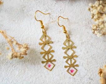 Real Pressed Flowers Earrings, Gold Drops in Green Pink Orange